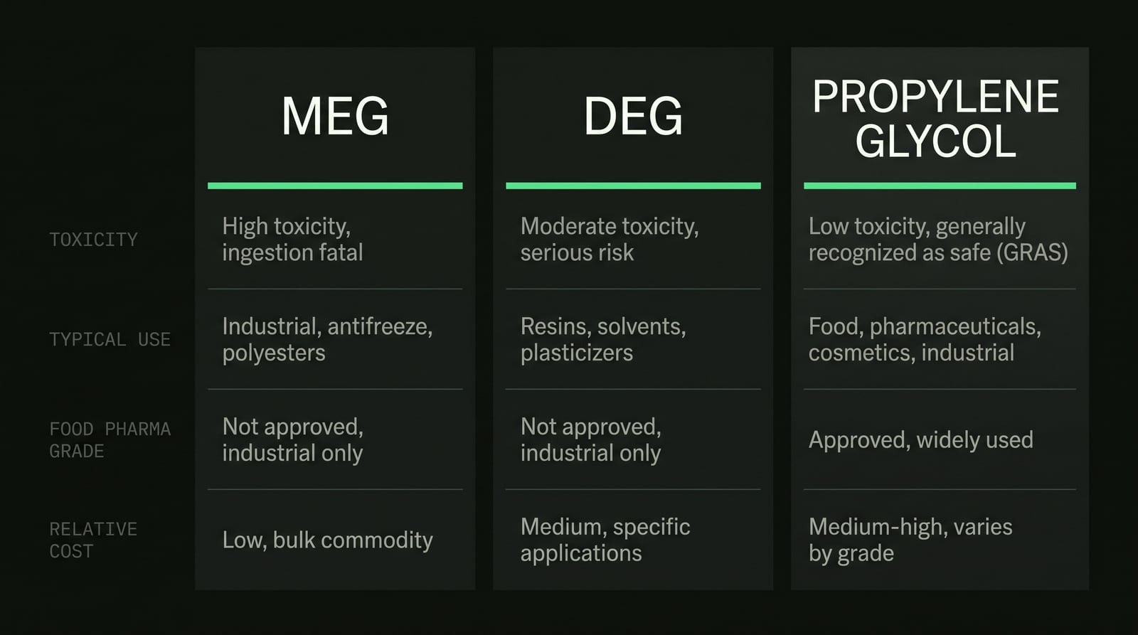 Comparison of MEG, DEG and propylene glycol by toxicity, typical industrial use, food and pharmaceutical grade availability, and relative cost.